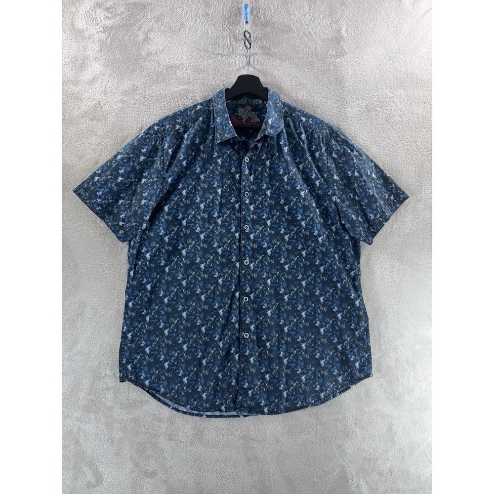 Robert Graham Button Down Shirt Mens Size XL Blue Floral Abstract Short Sleeve